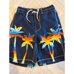 Gap Surf Boys Navy Blue Swim Trunks Small Palm Tree Print UPF 40+ Mesh Lined